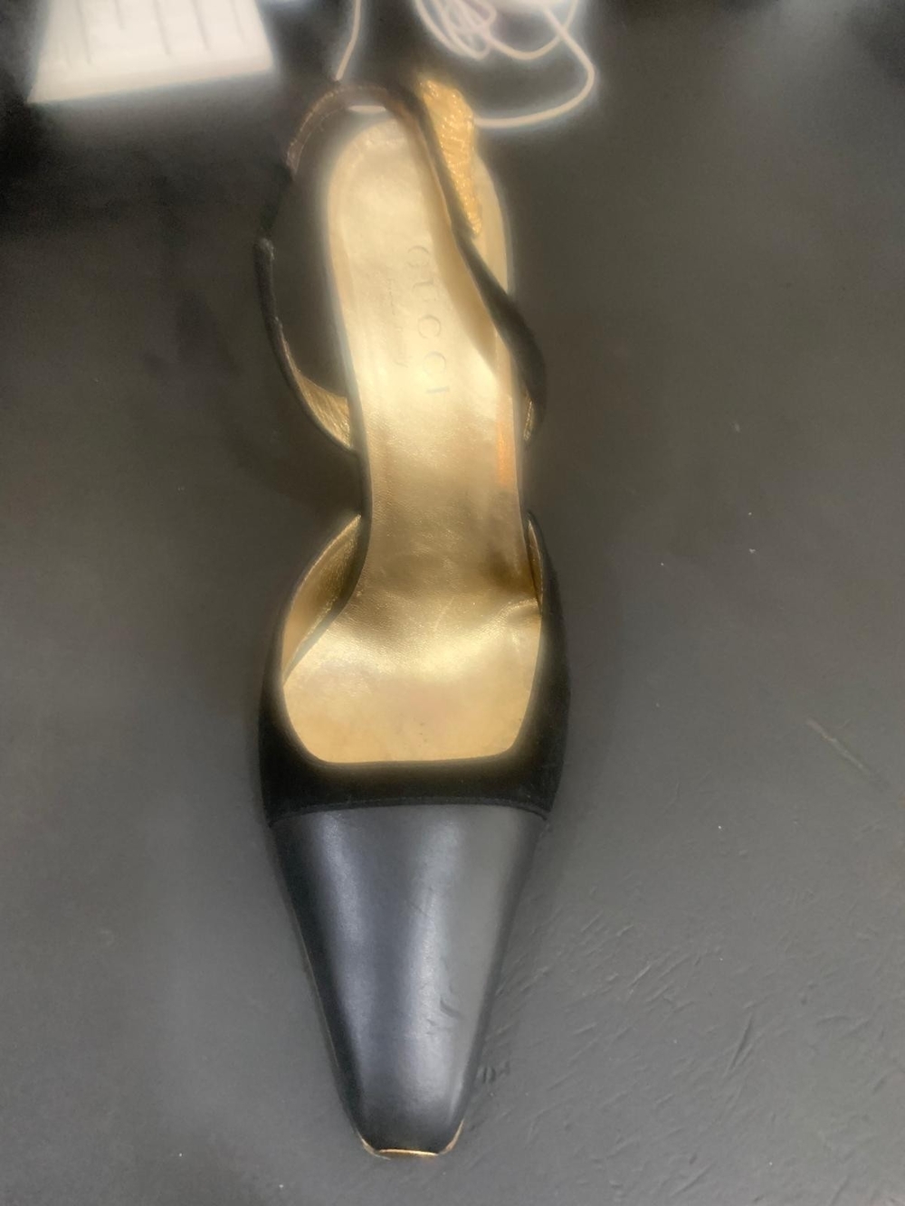Gucci Black Pointed Leather Slingback Pump with Gold Insole